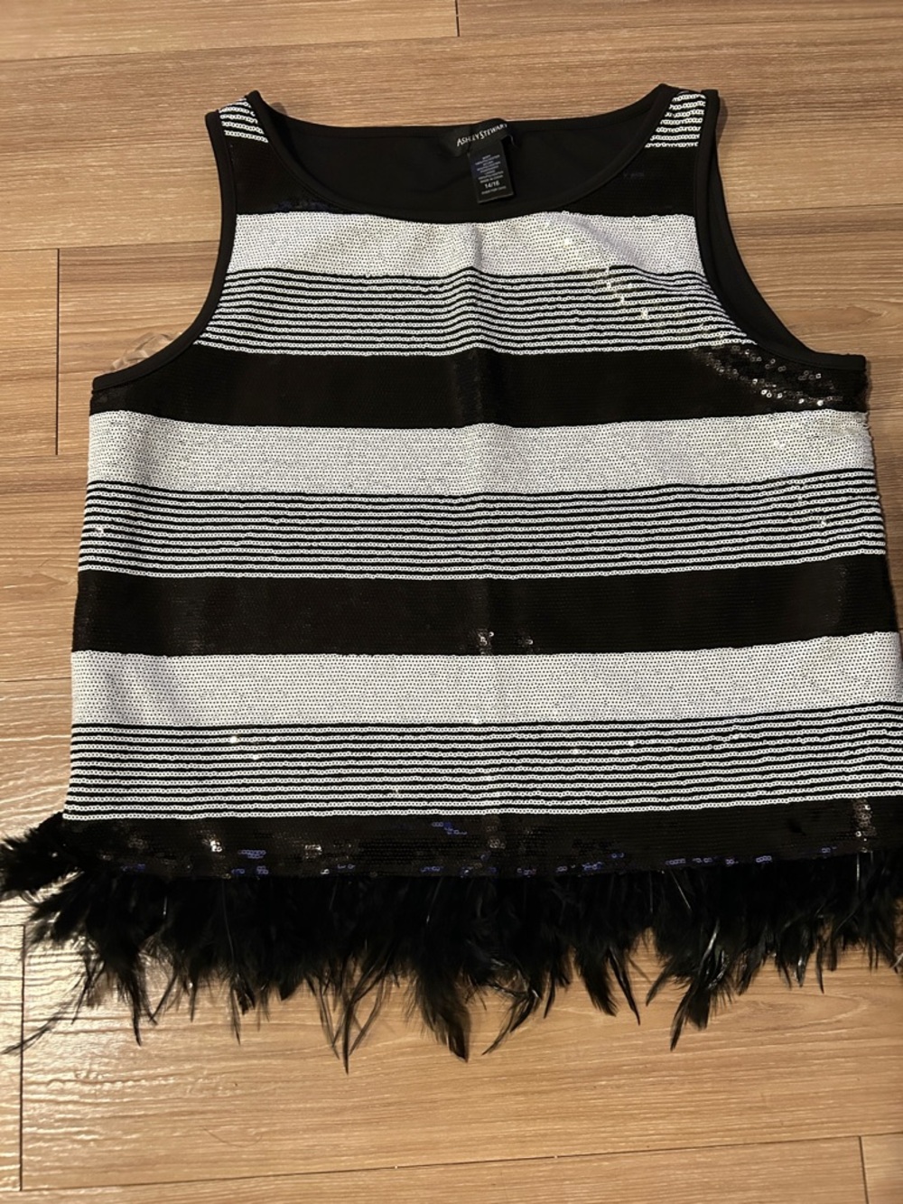 Ashley Stewart Black and White Striped Feather Hem Tank Disc Shipping